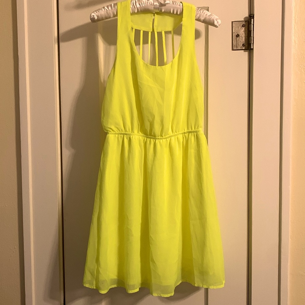 Neon Yellow Mini Dress, Swim Coverup, Scoop Neckline, Detailed Button Back, Cute